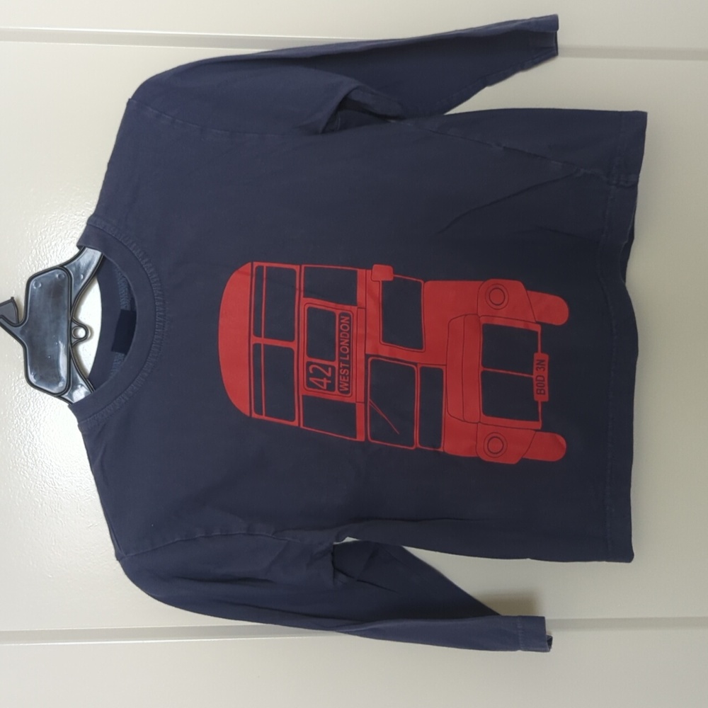 Mini Boden long sleeve red and navy with London double decker bus design Sz 7-8